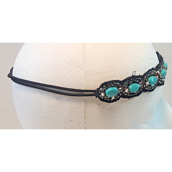 Vintage Rhinestone Turquoise Beaded Applique Headband Stretchy Hair Band OSFM - Picture 4 of 8